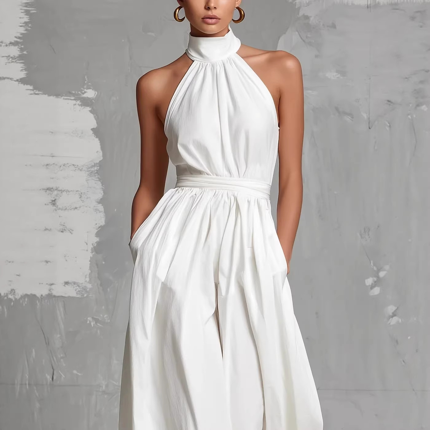 White Ruched Waist Long Sleeve Jumpsuit