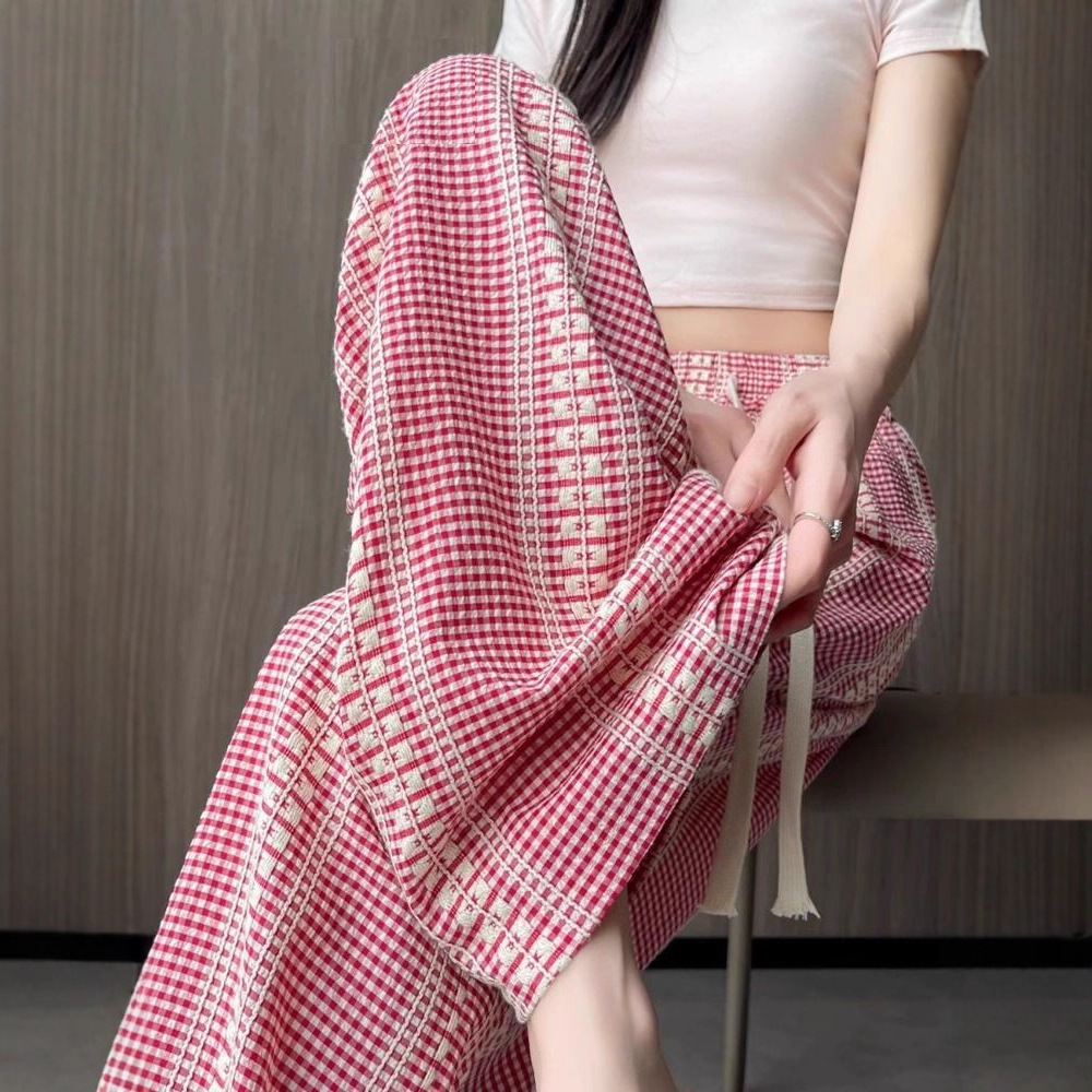 Women's Lace Jacquard Plaid High-Waist Wide-Leg Pants
