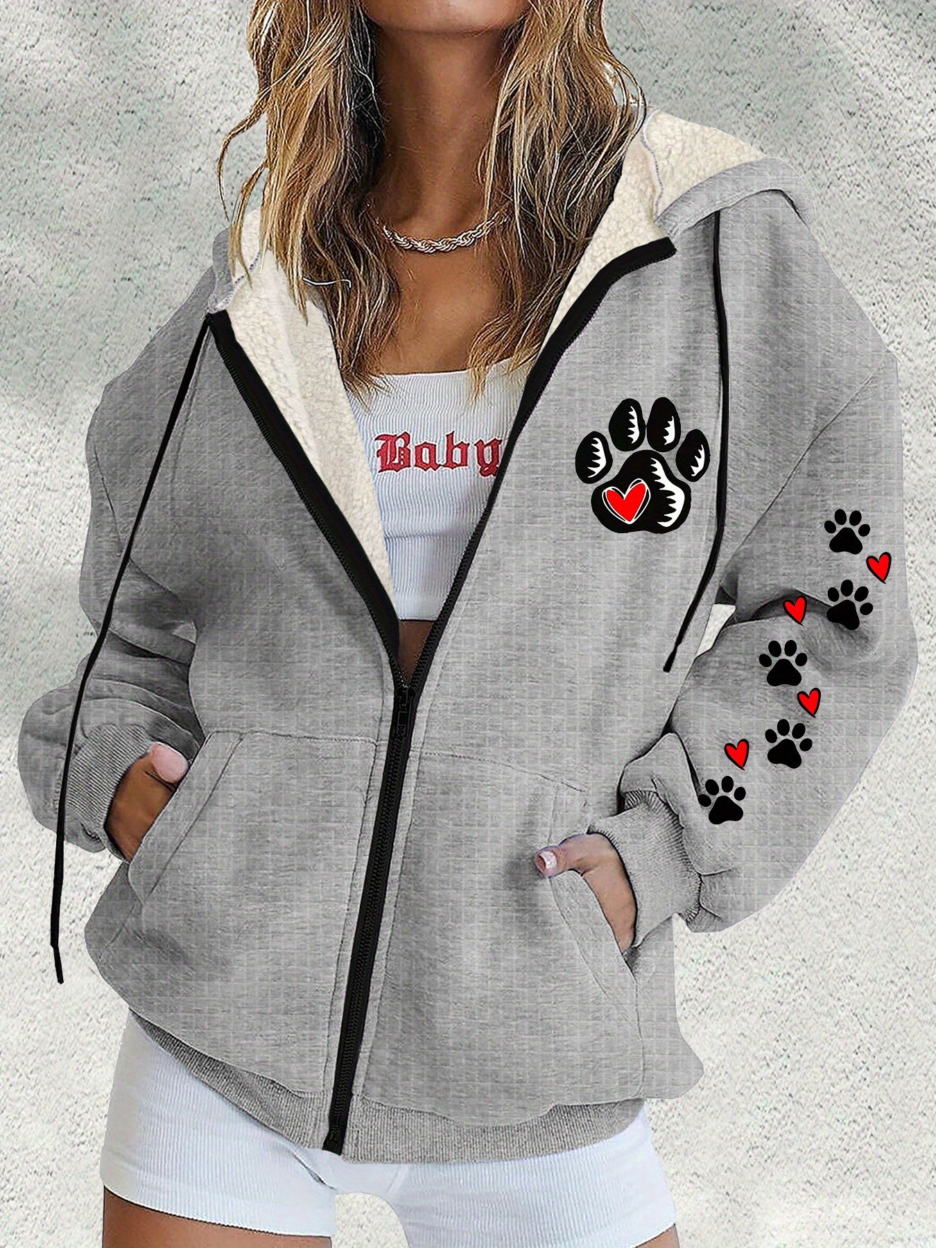 Women's Paw Print Heart Zip-Up Hoodie Long Sleeve Crew Neck