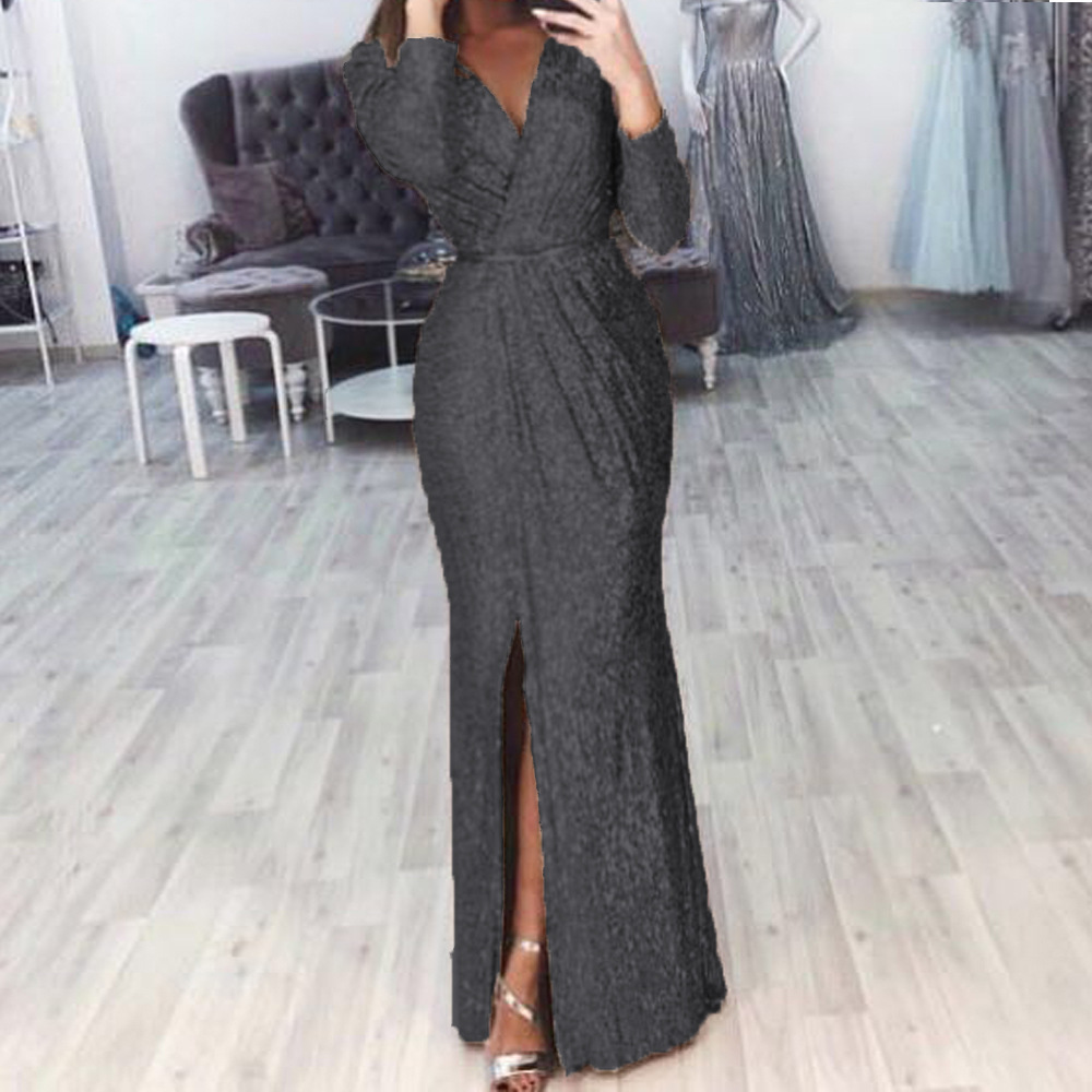 Women's Long Sleeve Deep V-Neck Sequin Evening Dress