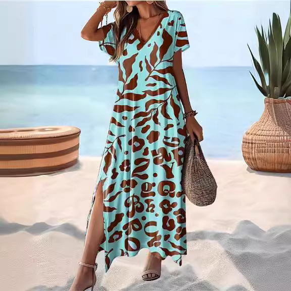 V-Neck Short Sleeve High Waist Floral Print Midi Dress