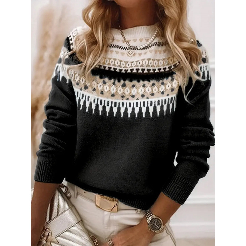 Women's Color-Block Crewneck Pullover Knit Sweater