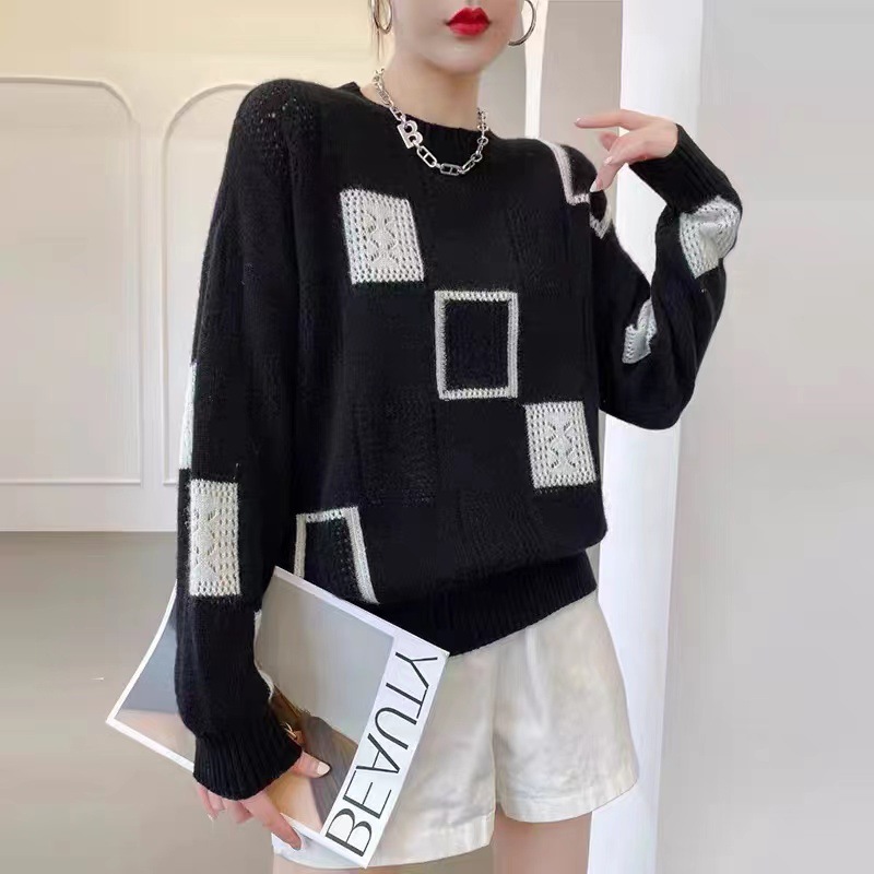 Color-Block Plaid Knit Sweater Women's Loose Retro Crewneck Pullover
