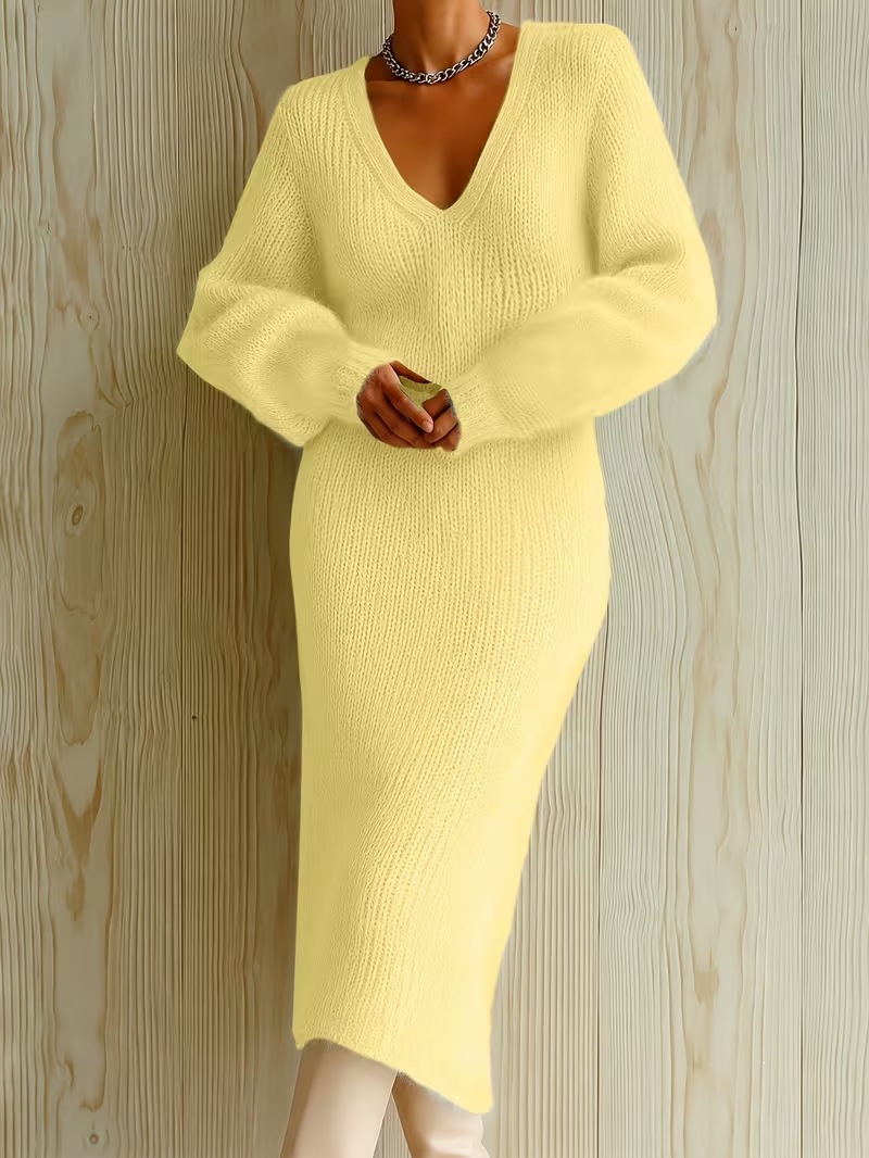 Women's Fuzzy V-Neck Bubble Sleeve Long Dress