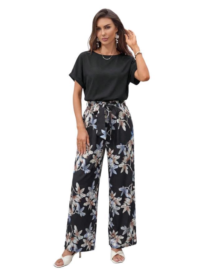 Women's Floral Print Round Neck Loose Jumpsuit