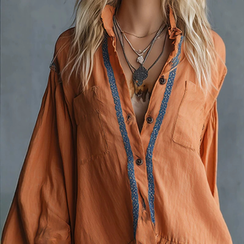 Orange Lace-Trim Long-Sleeve Mini Dress
