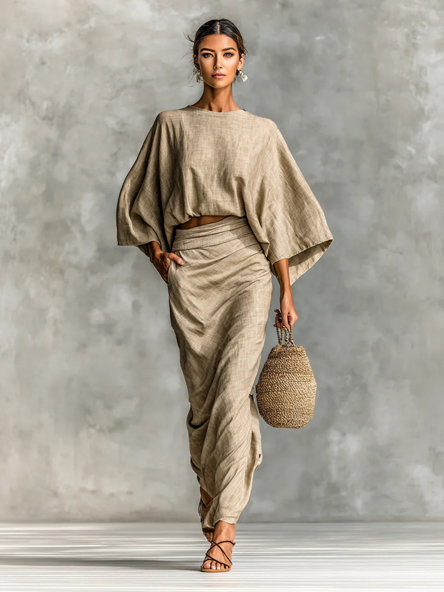 High-Waist Midi Skirt Set with Round-Neck Long-Sleeve Loose Top
