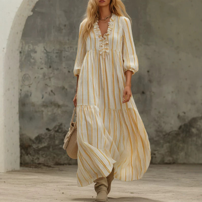 Yellow Striped Ruffle V-Neck Long Dress