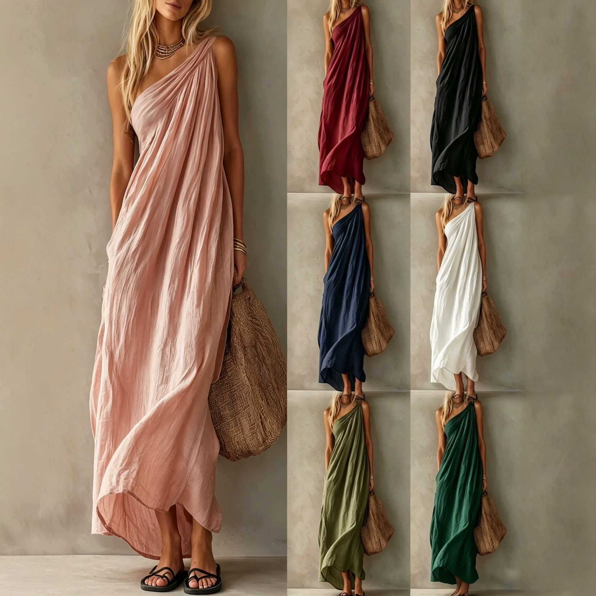 2026 Amazon Cross-Border Women's One-Shoulder Ruched Dress Loose Slimming Solid Color Beach Vacation Long Dress