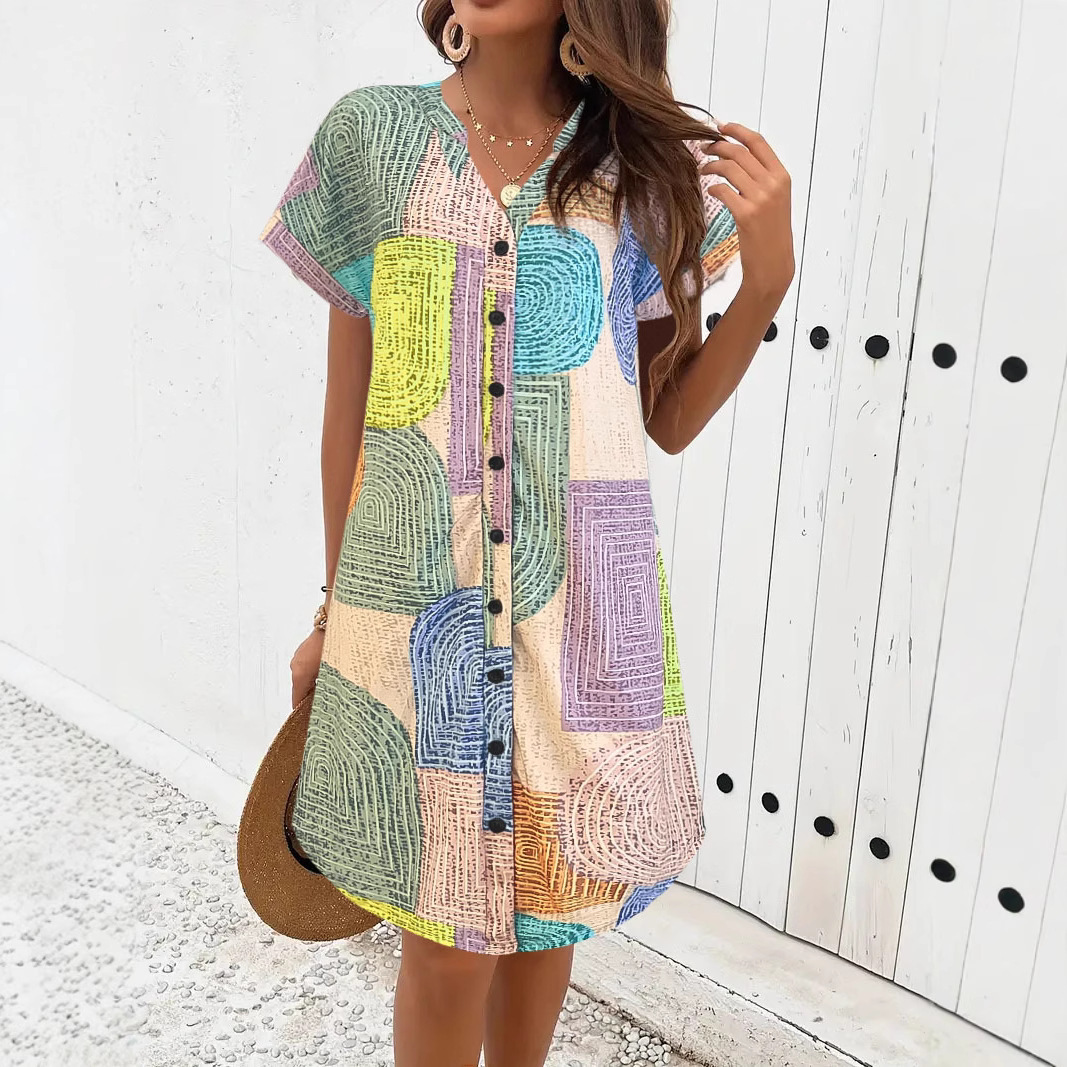 Geometric Print V-Neck Button Short Sleeve Loose Casual Dress