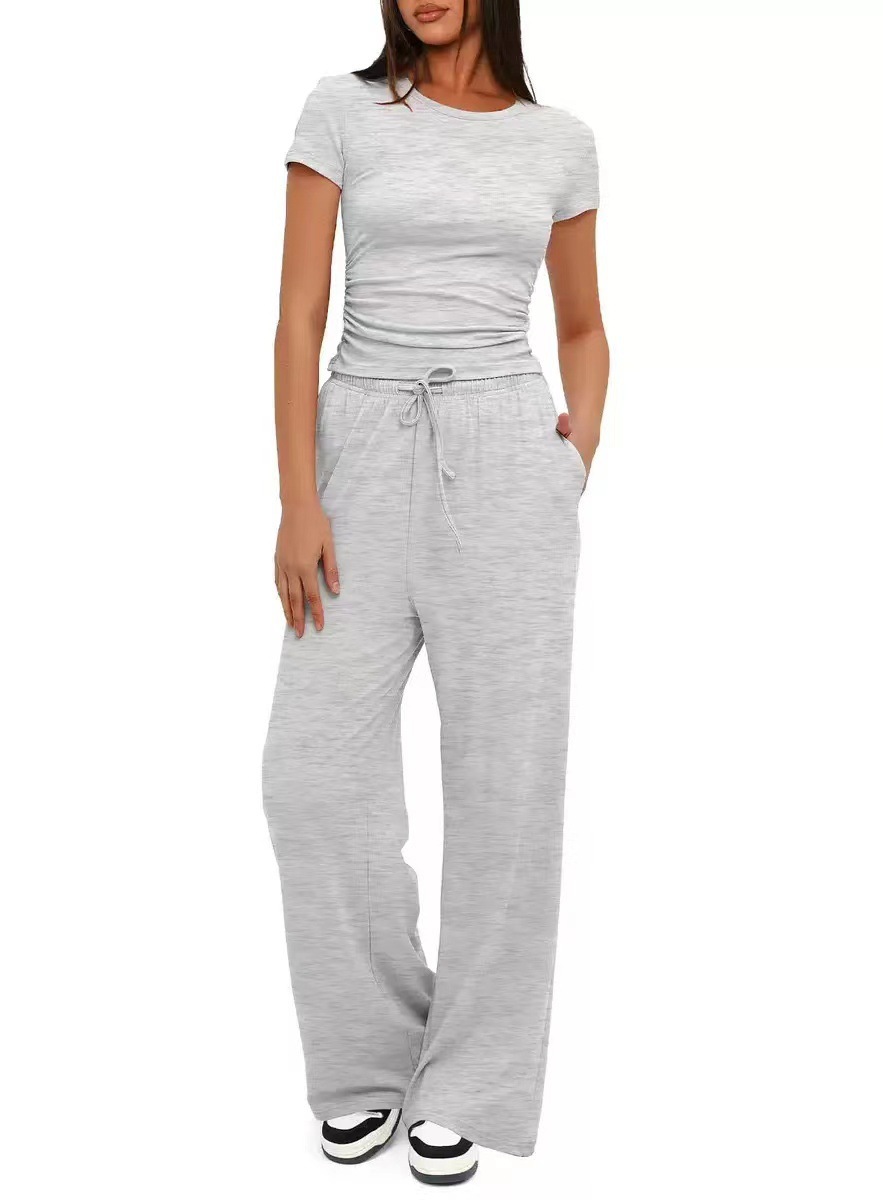 Women's Two-Piece Casual Set Ruched Short Sleeve Top Wide-Leg Pants