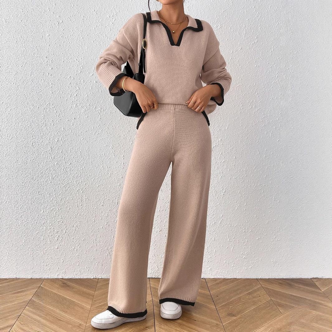 Women's Color-Block Polo Neck Sweater and Wide-Leg Pants Two-Piece Set