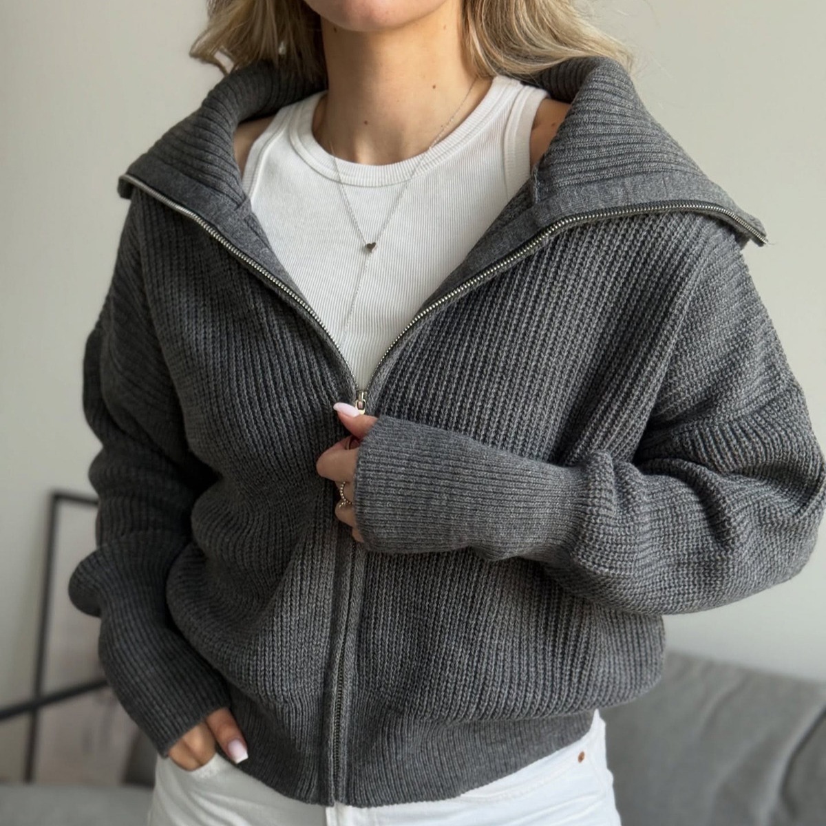 Women's Thick Loose V-Neck Zip-Up Cardigan Sweater Coat Solid Color