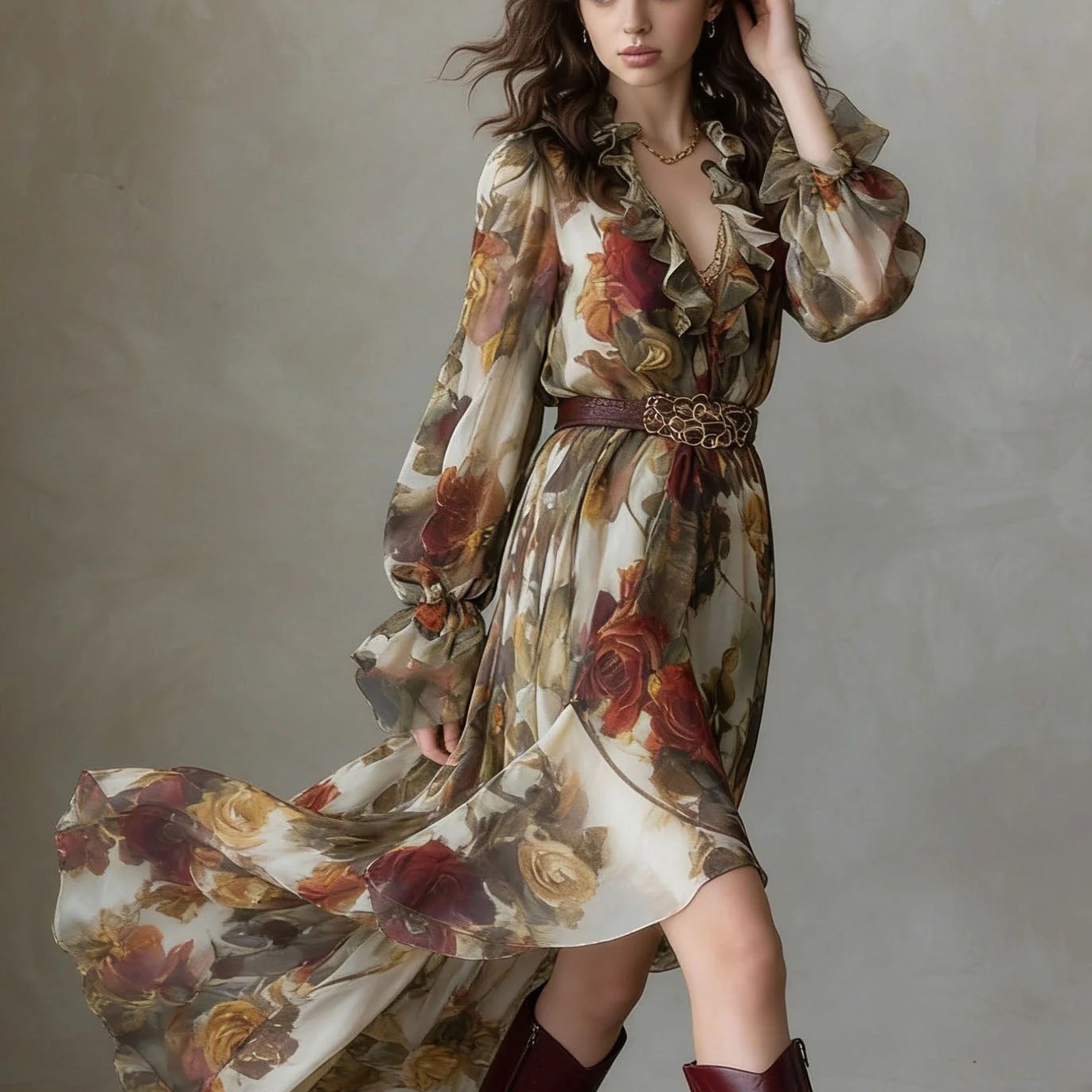 Vintage Rose Print Ruffle V-Neck Long Sleeve Cinched Waist Asymmetric Chiffon Dress