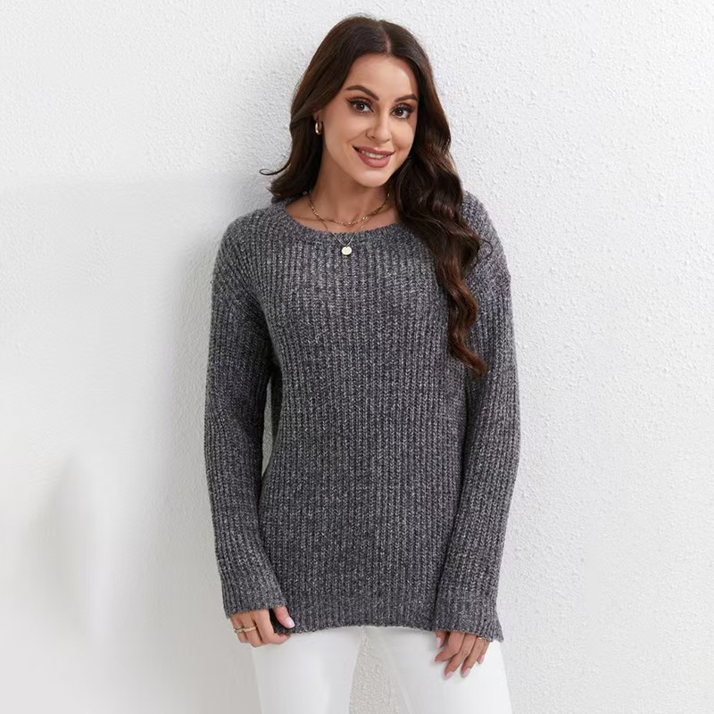 Women's Solid Crewneck Pullover Sweater Loose Long Sleeve Knit Top