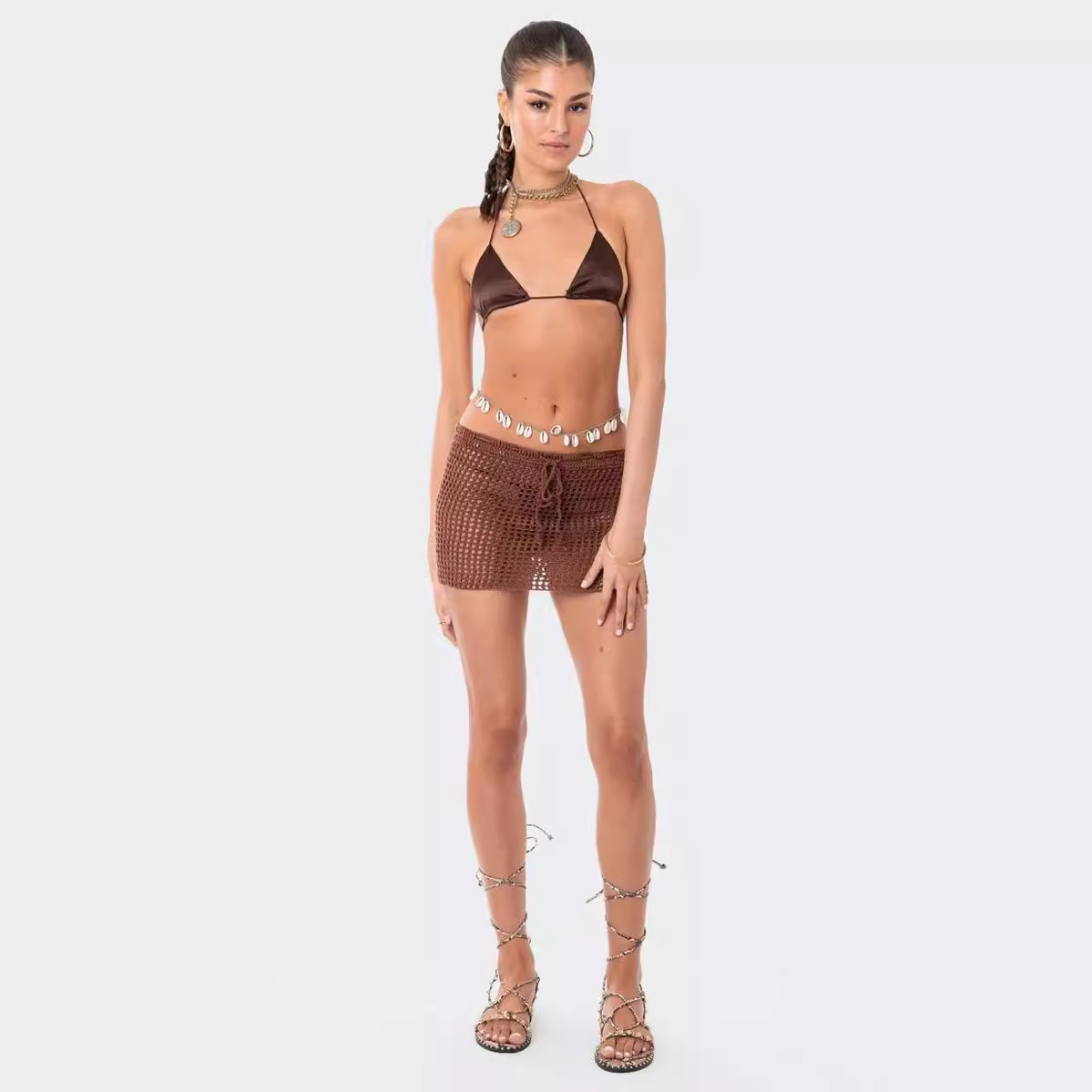 Women's Knit V-Neck Open-Back Halter Cami & Sheer Mini Skirt Sexy Two-Piece Set