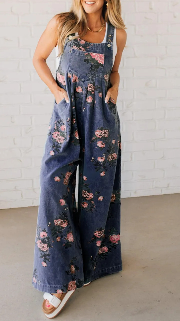 Floral Print Denim Sleeveless Jumpsuit with Pockets