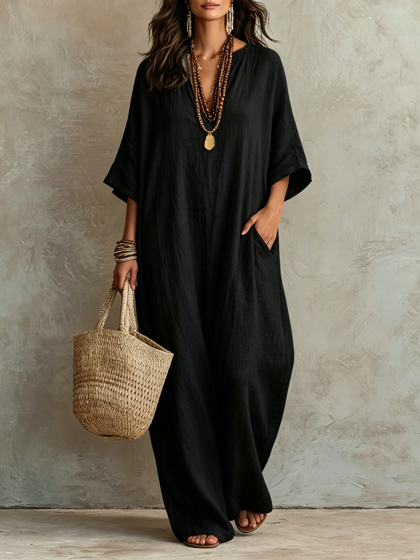 Cotton Linen Loose V-Neck Boho Maxi Dress 3/4 Sleeve