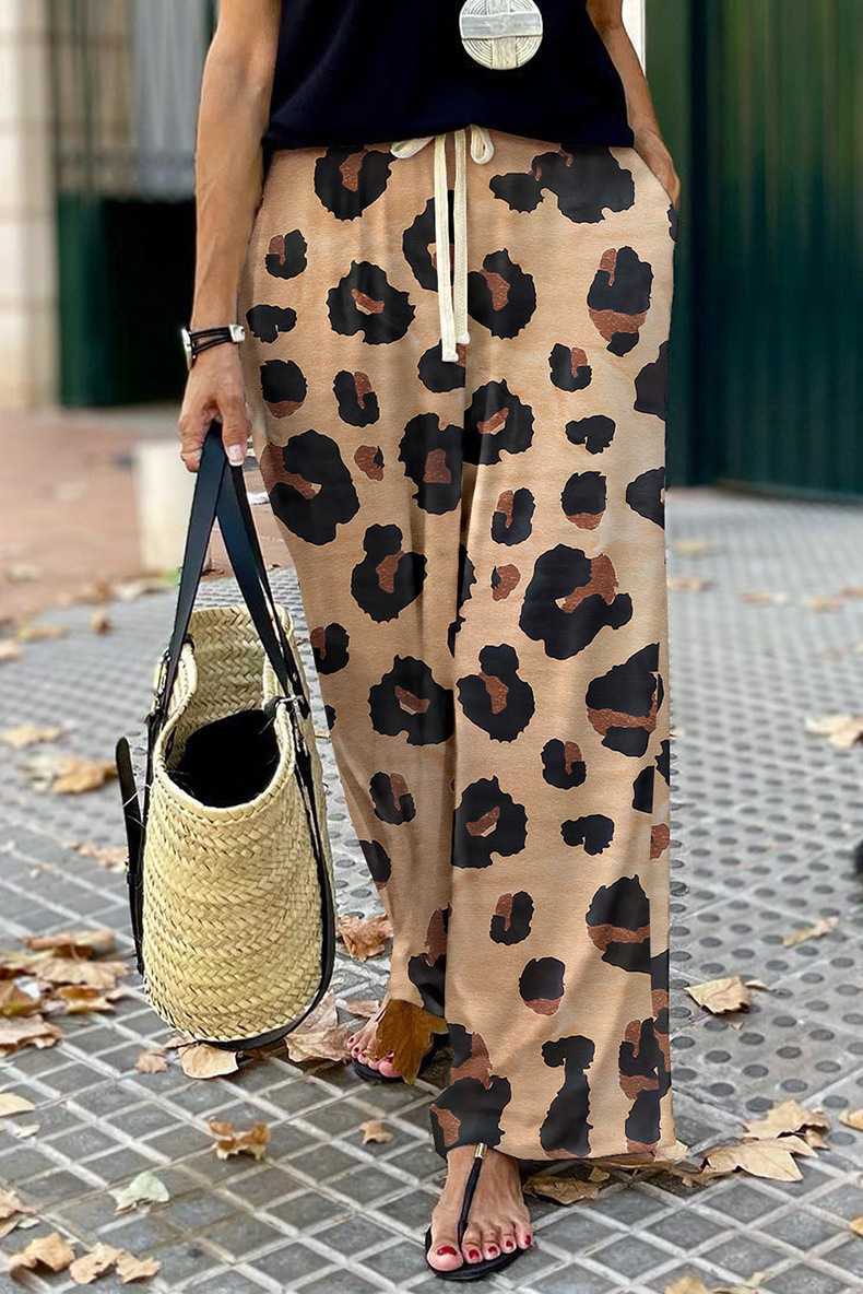 Leopard Print Wide-Leg Pants for Women High Waist Drawstring Casual Trousers