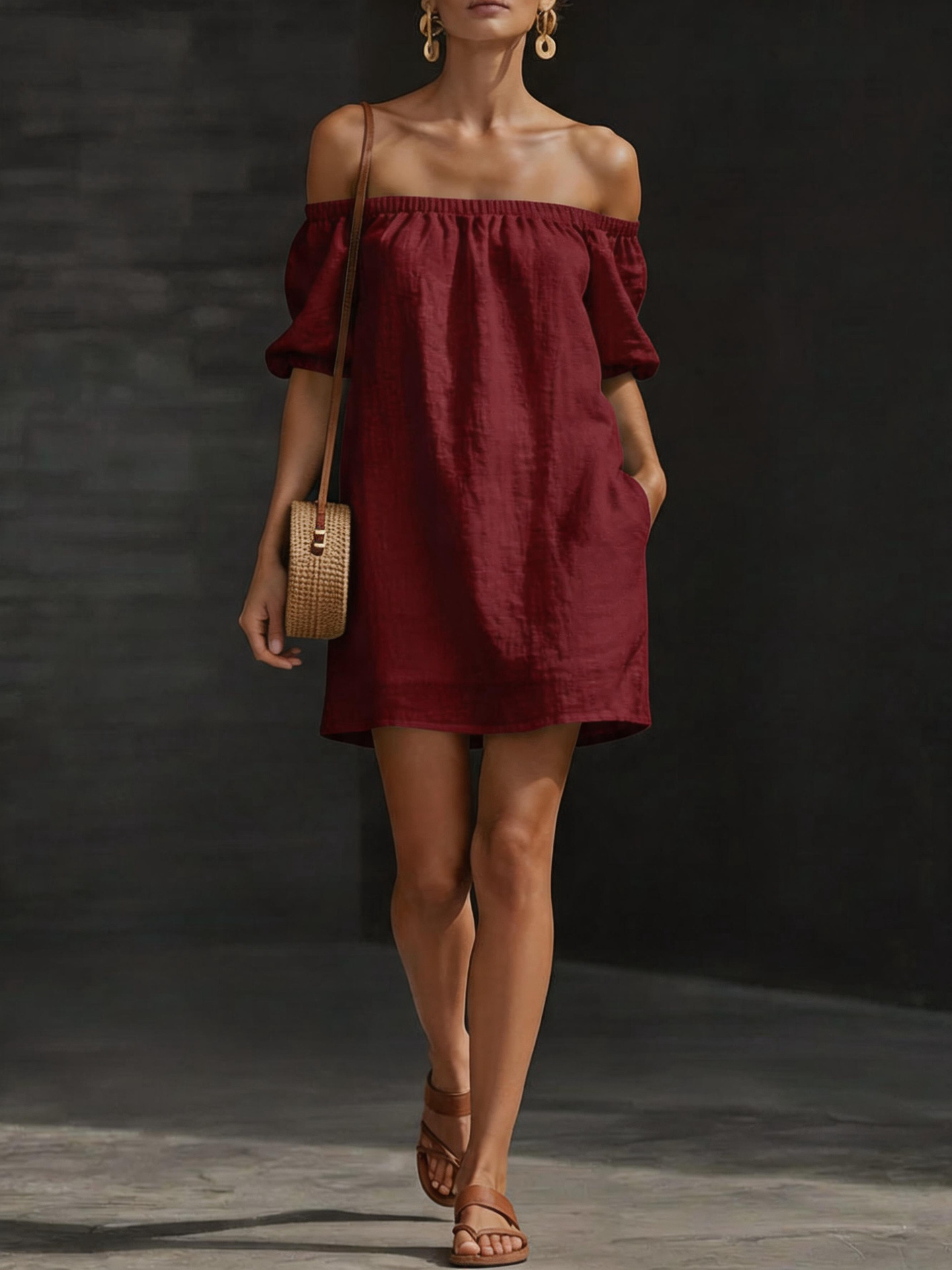 Women's Cotton-Linen Off-Shoulder Dress Solid Color Loose Fit