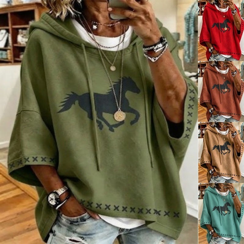 Women's Vintage Black Horse Print Drawstring Hoodie 3/4 Sleeve Loose Drop Shoulder Western Sweatshirt Camel