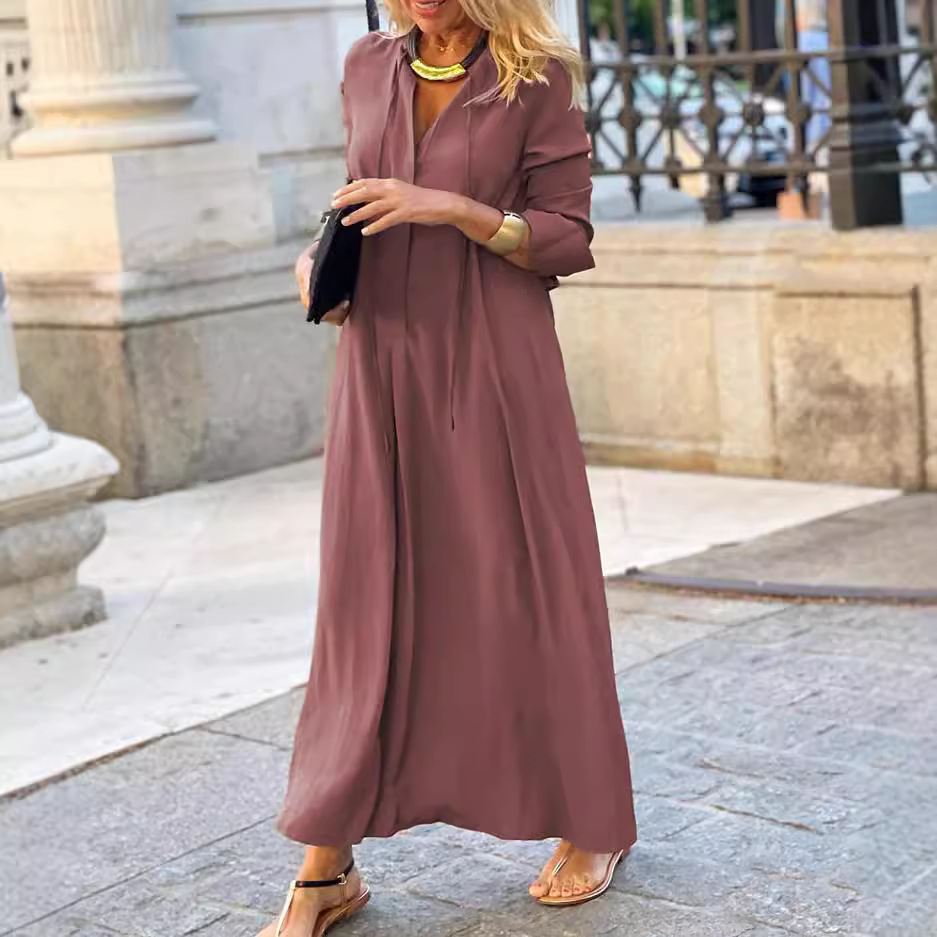 Solid Color Collared Long Sleeve Maxi Shirt Dress