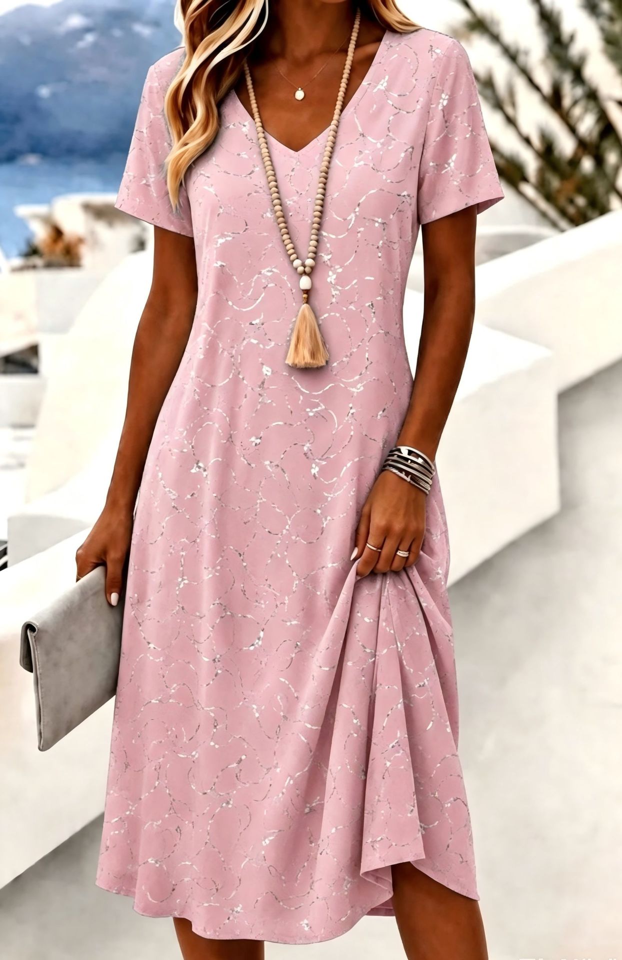 Women's Floral Print Casual Midi Dress Short Sleeve Deep V-Neck Slim Fit