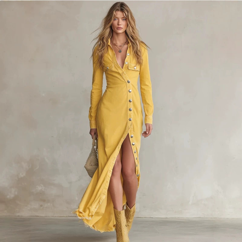 Retro Western Asymmetric Button Slit Denim Dress