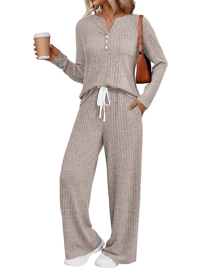 Women's V-Neck Two-Piece Pajama Set Long Sleeve Loungewear