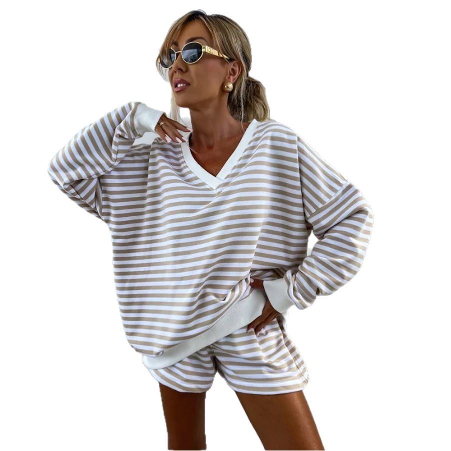 Women's Striped Long Sleeve V-Neck Loose Top and Shorts 2-Piece Set