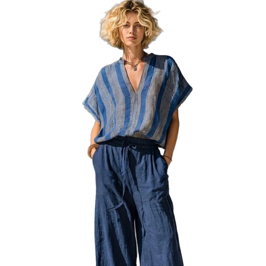 Blue-Gray Striped V-Neck Loose Top & Cotton-Linen Wide-Leg Pants Set