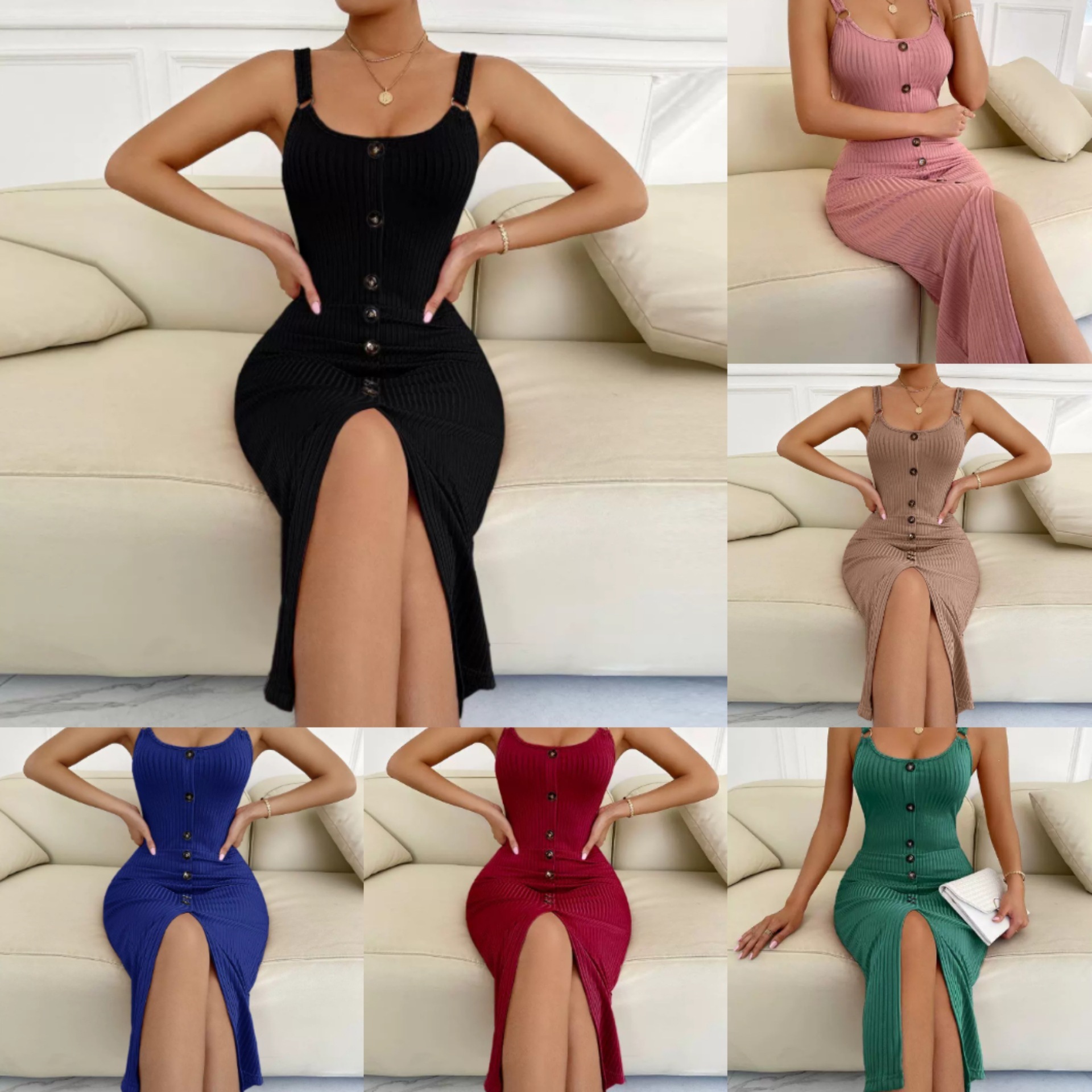 Sleeveless Knit Bodycon Midi Dress with Slit and U-Neck