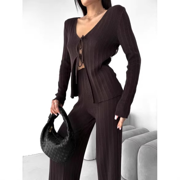 Women's Long Sleeve Tie-Front Cardigan and Pants Set