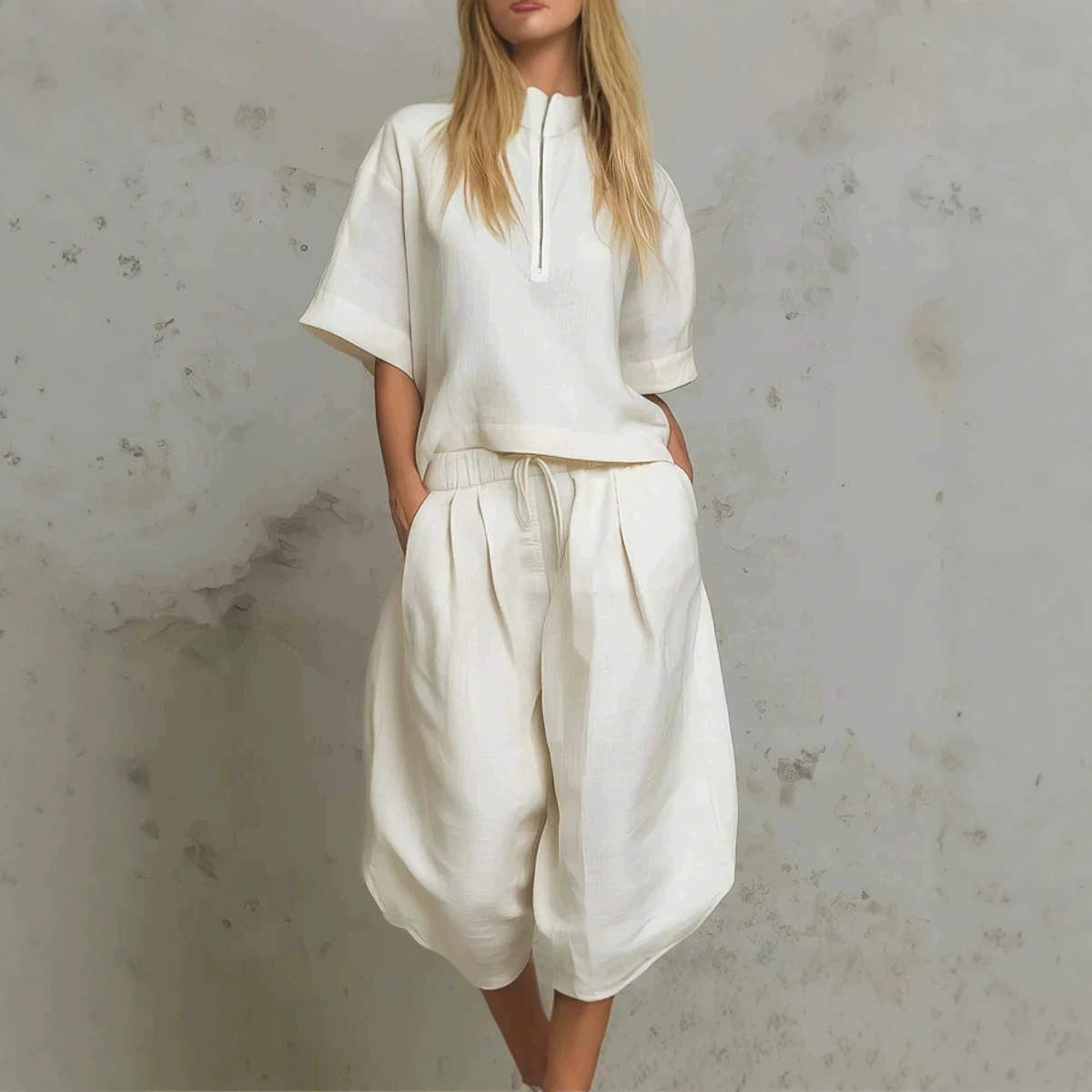 Solid Color Loose Fit Casual Two-Piece Set with Short Sleeve Top