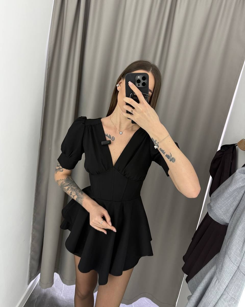 Puff Sleeve V-Neck Waist-Cinched Short Dress with Built-In Shorts