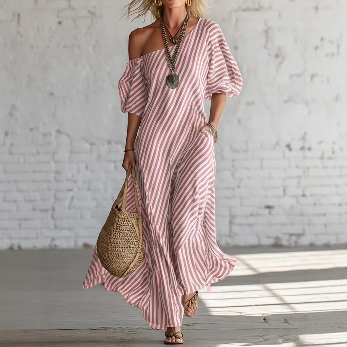 Elegant Striped Off-Shoulder Shirt Dress