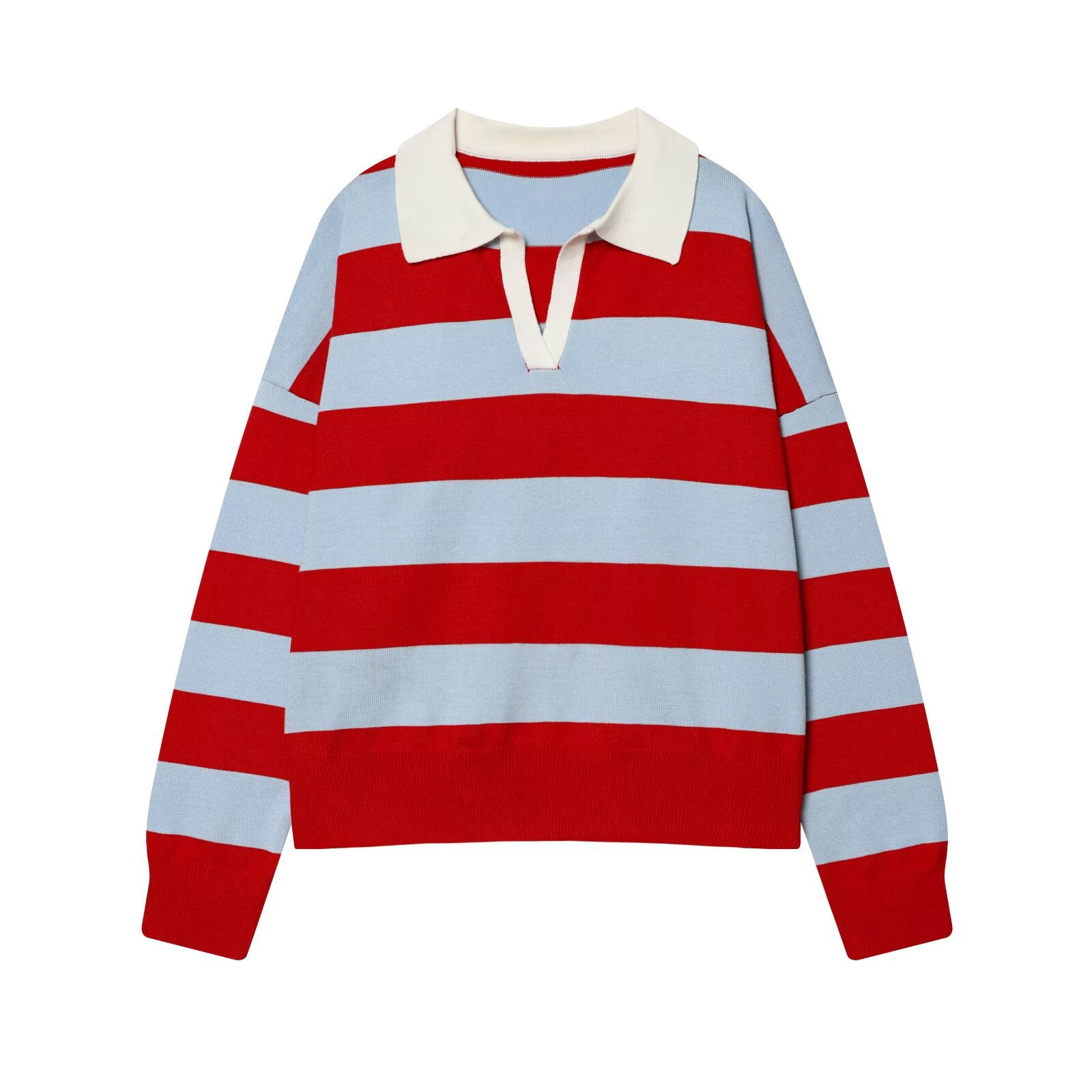 Women's Color-Block Striped Polo Neck Long Sleeve Knit Sweater