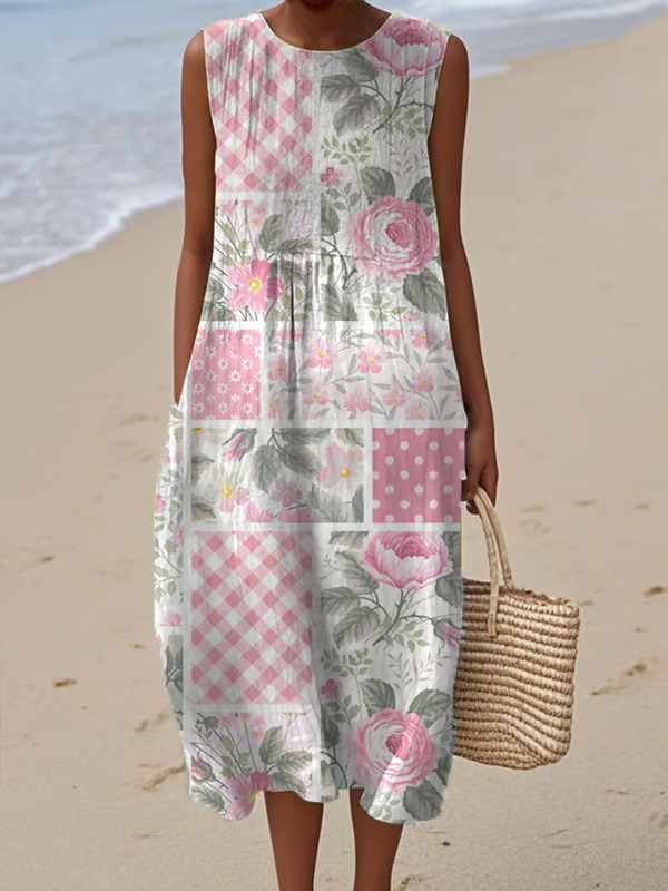 Women's Sleeveless Polka Dot Floral Midi Dress Casual