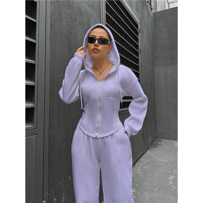 Women's Hooded Zip-Up Sweatshirt and Wide-Leg Pants Two-Piece Set
