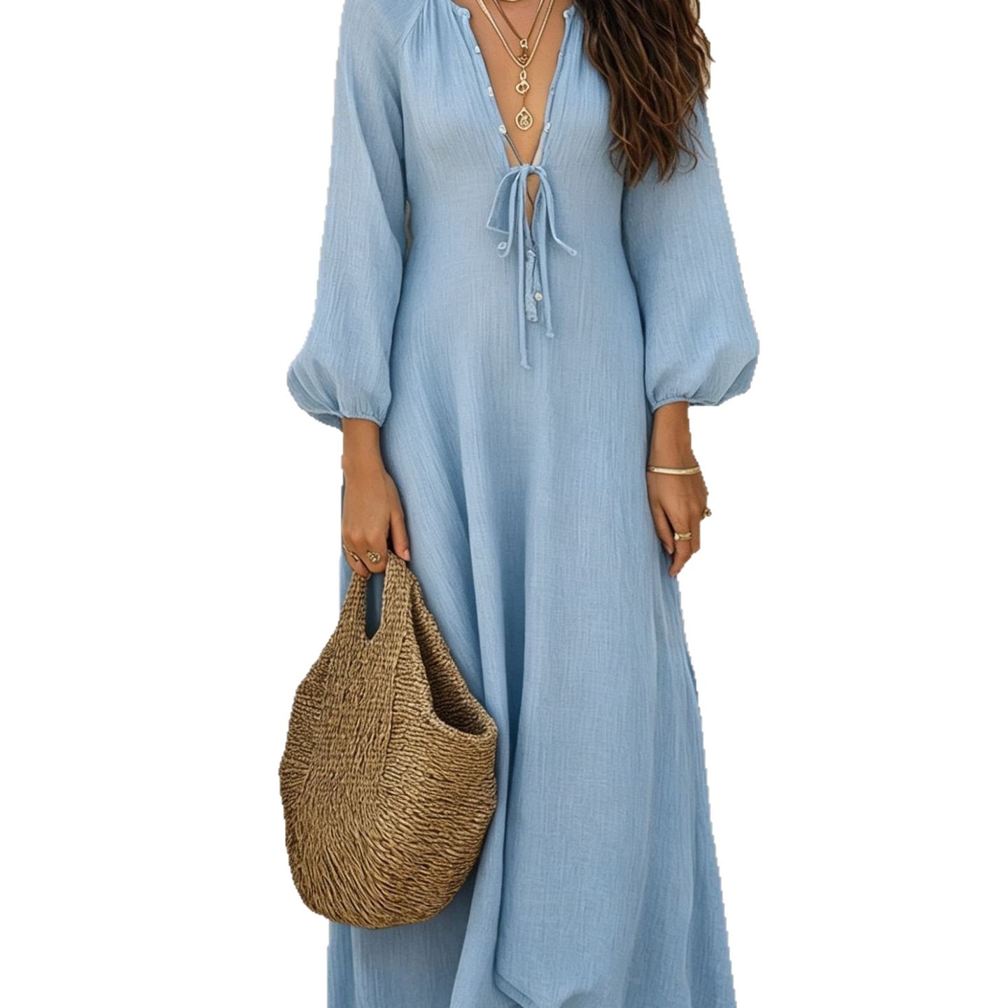 Deep V-Neck Tie-Front Textured Bubble Sleeve Boho Maxi Dress