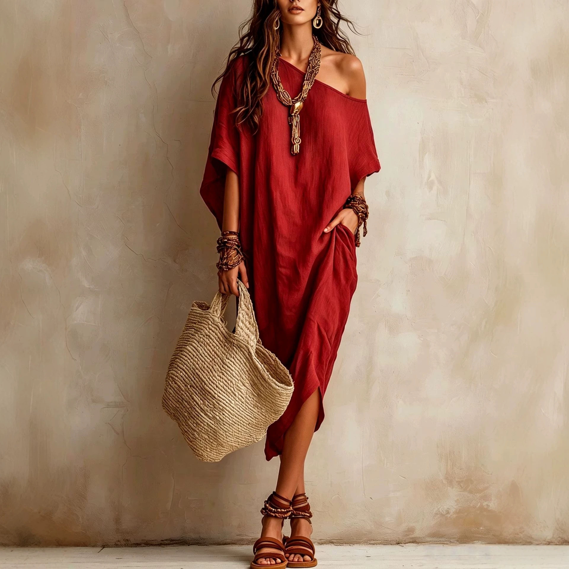 Solid One-Shoulder Loose Casual Dress