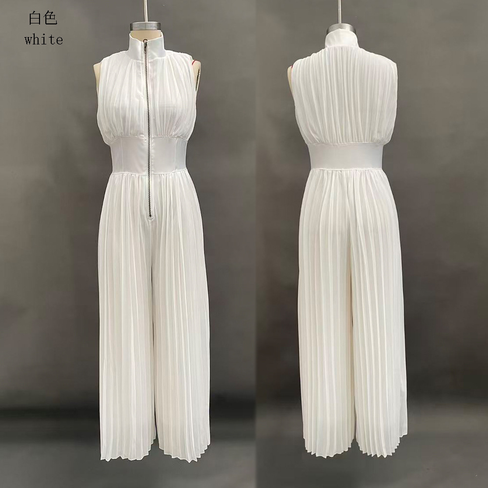 Women's Pleated Halter Wide-Leg Jumpsuit Sleeveless Deep V-Neck