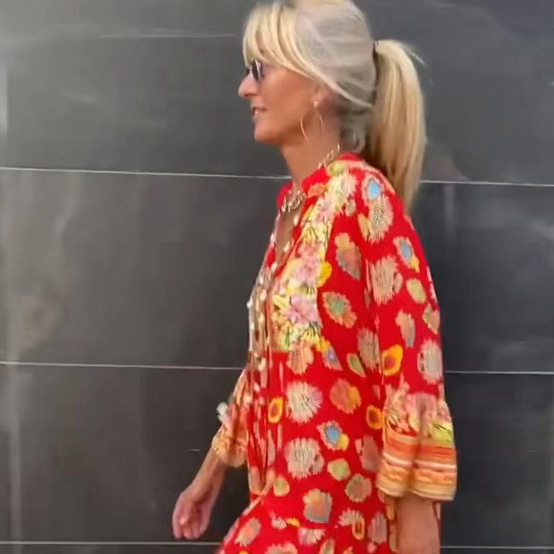 Women's Floral Print V-Neck Long Sleeve Maxi Dress with High Waist and Flared Skirt
