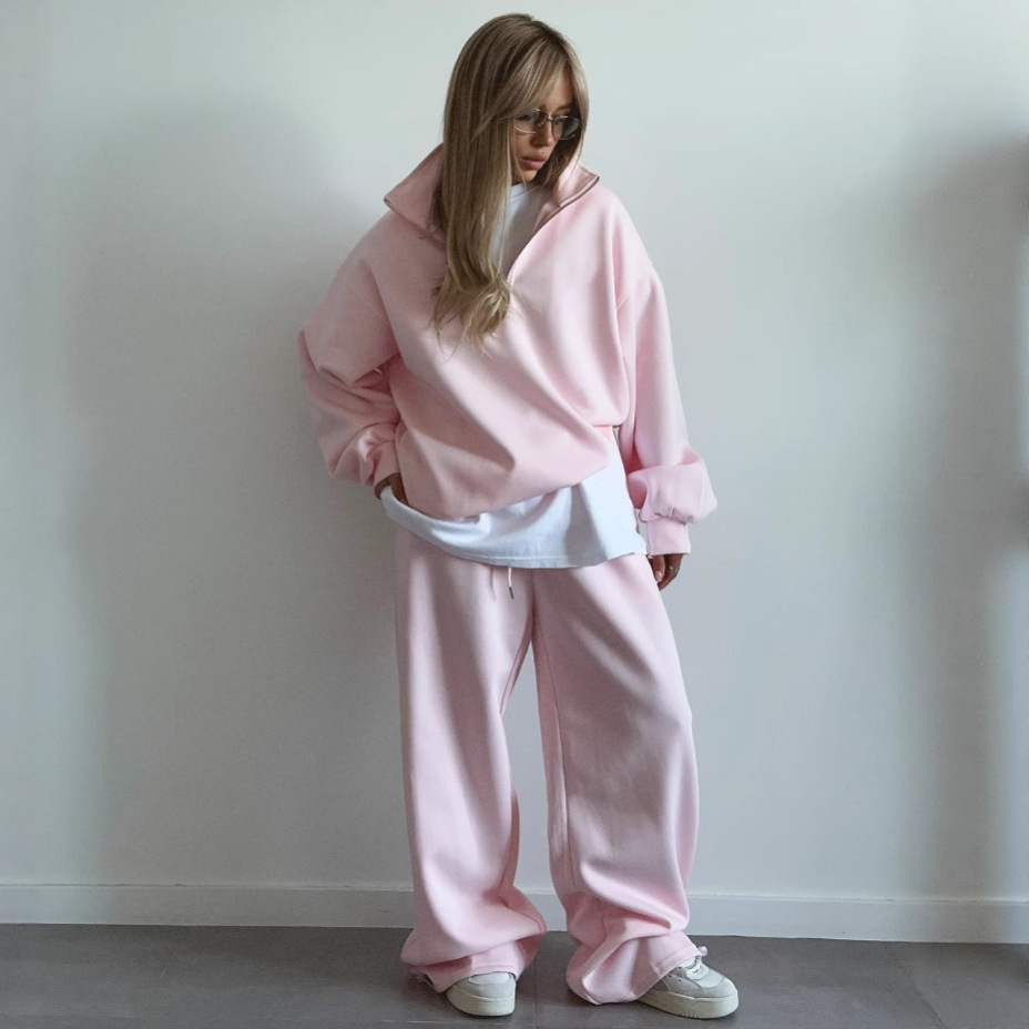 Oversize Half-Open Collar Long-Sleeve Hoodie & Drawstring Sweatpants Set