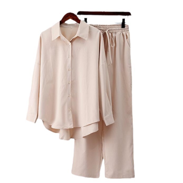 Women's Relaxed Stretch Crinkle Long Sleeve Shirt & Wide Leg Pants 2-Piece Set