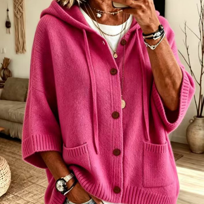 Button-Up Hooded Knit Cardigan Sweater Solid Color Casual Women's Coat