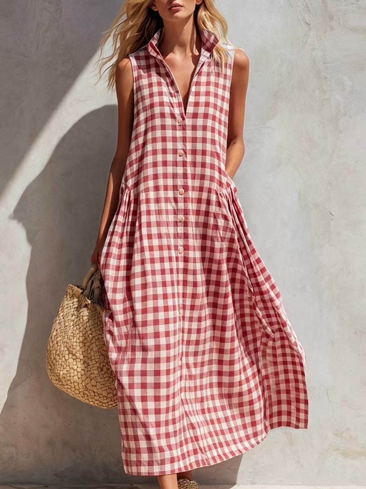 Sleeveless Plaid Loose Long Dress