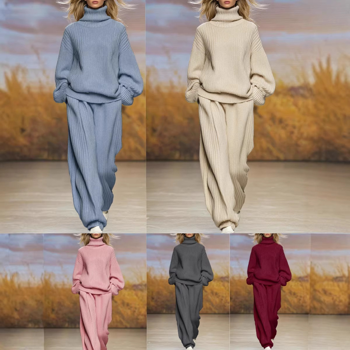 Women's Casual Knit Turtleneck Wide-Leg Pants Set