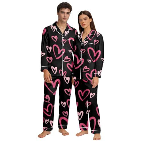 Cuban Collar Heart Print Long Sleeve Women's Set