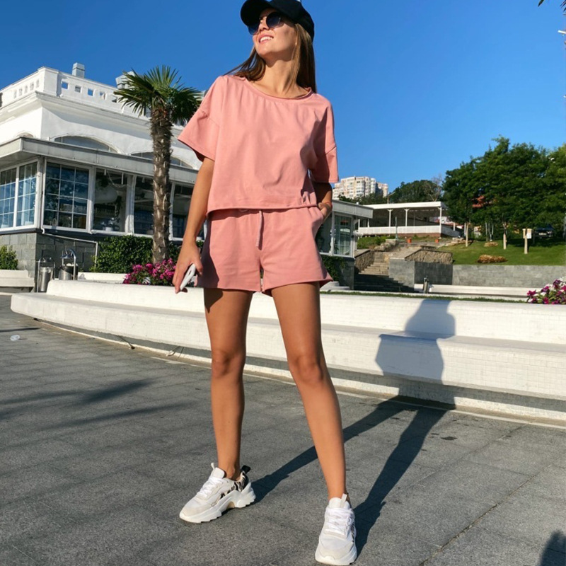 Women's Solid Color Crewneck Short Sleeve Drawstring Two-Piece Set